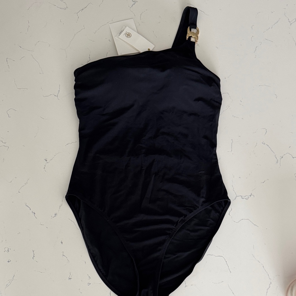 Tory Burch Black One-Shoulder Gemini Link One-Piece With Gold Accent